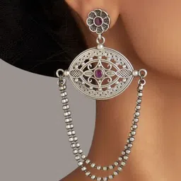 Dulcett Silver-Plated Artificial Stones Studded Oval Shaped Drop Earrings-picture-40