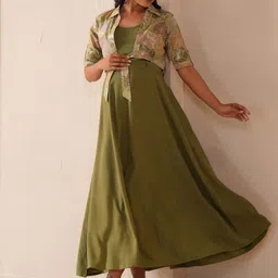 anayna Printed Fit & Flared Maternity Ethnic Dresses With Jacket image 5