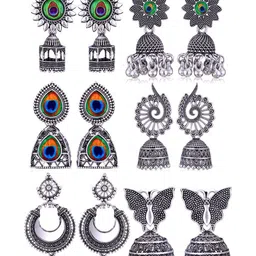 Sangria Set Of 6 Silver-Plated Stones-Studded & Beaded Oxidized Jhumka Earrings-image-51