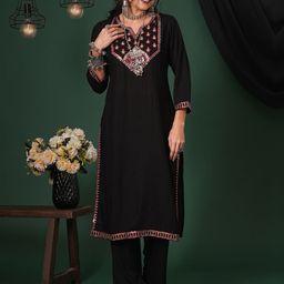 Globus Black Women Floral Embroidered Regular Sequinned Straight Kurta with Trouser-picture-49