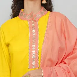 LABEL KASHI Motifs Embroidered Mandarin Collar Straight Kurta with Sharara & Dupatta image 4
