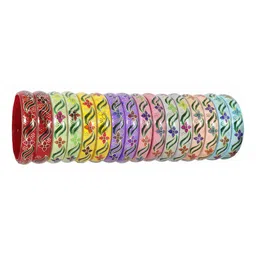 ZULKA Set of 16 Multi Colour Glass Kada Combo with Flower Print-image-19