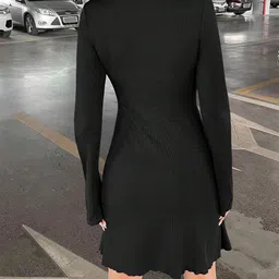 Outzidr Women Round Neck Ribbed Flared Sleeve Fit & Flare Dress image 3