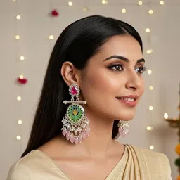 TESSARA Silver Plated Kundan Studded & Beaded Geometric Drop Earrings image 5