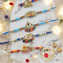 MEIRA JEWELLERY 5-Pcs Kundan Studded Thread Rakhi With Greeting Card & Roli Chawal-picture-14