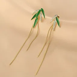 FIMBUL Gold-Plated Crystals Studded Leaf Shaped Drop Earrings image 5
