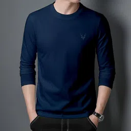 supersquad Men Solid Round Neck Pure Cotton Dark Blue T-Shirt-picture-10