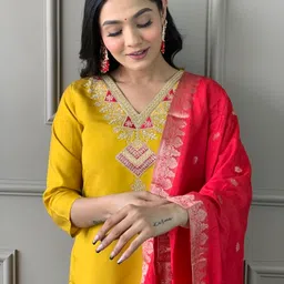 GenericWomen's Traditional Yellow V-Neck Embroidered Straight Kurta Set With Contrast Red dupatta set For Women Kurta Set image 5