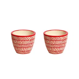 ExclusiveLane Set Of 2 Red & White Chevrons Hand-Painted Ceramic Table Planters image 3