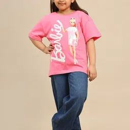 Kids Ville Girls Barbie Printed Pure Cotton Round Neck Oversized Tshirt image 4