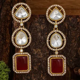 TJC Gold-Plated Artificial Stones Studded Square Shaped Drop Earrings-picture-15