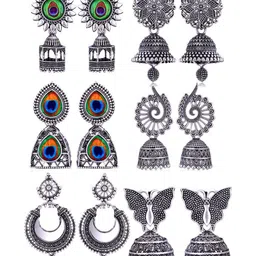 DIVASTRI Set Of 6 Silver-Plated Artificial Beaded Dome Shaped Oxidised Jhumkas-image-5