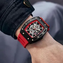 Curren Men Brass Dial & Leather Bracelet Style Straps Analogue Watch CR-8438-Black Red image 4