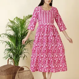 Pakiza Enterprises Women Maternity Floral Printed Round Neck Fit & Flare Midi Dress-image-84