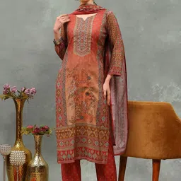 Meena Bazaar Ethnic Motifs Printed Notch Neck Straight Kurta With Trousers & Dupatta-image-46