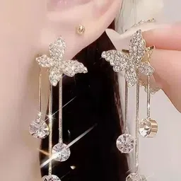 PolluxCraft Gold-Plated Stone Studded Butterfly Shaped Tasselled Drop Earrings image 2