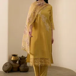Anouk Floral Embroidered V-Neck Sequinned Chanderi Silk Kurta With Trousers & Dupatta-image-59