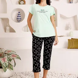 Bodycare Women Graphic Printed Pure Cotton T-shirt & Capri Night suit-picture-30