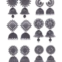 Sangria Set Of 6 Silver Plated Oxidized Jhumka Earrings-image-93