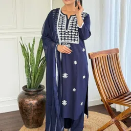 KALINI Women Ethnic Motifs Embroidered Thread Work Kurta with Trousers & Dupatta image 2