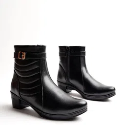 Shoetopia Women Pointed Toe Block Regular Boots With Buckle Detail image 2