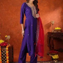 KALINI Embroidered Round Neck Thread Work Chanderi Cotton Kurta With Trousers & Dupatta image 2