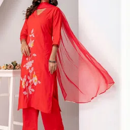 Anouk Women Floral Embroidered Regular Thread Work Pure Cotton Kurta Palazzos & Dupatta image 3