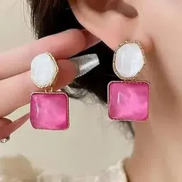 Inara Robes Women Gold Plated Hexagon and Pink Square Design Drop Earring image 2