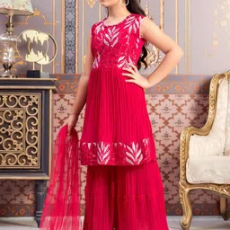 BAESD Girls Floral Embroidered Sequinned Kurta With Sharara And Dupatta image 5