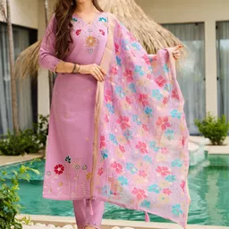 KALINI Women Floral Embroidered Thread Work Kurta with Trousers & Dupatta image 4