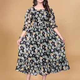 Zanies Women Floral Printed Puff Sleeve A-Line Midi Dress-picture-25