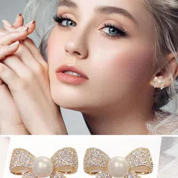 Krelin Gold-Plated Pearls & Artificial Stones Studded Bow Shaped Studs image 4