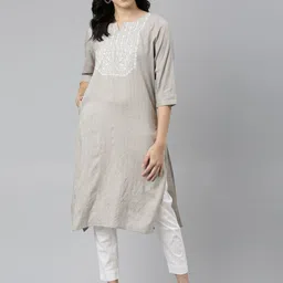 Samhitas Floral Yoke Design Thread Work Notch Neck Straight Pure Cotton Kurta-picture-10