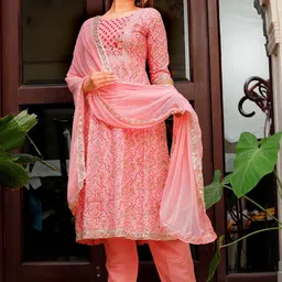 PAARDINI Embroidered Panelled Thread Work A-Line Kurta With Trousers & Dupatta image 4
