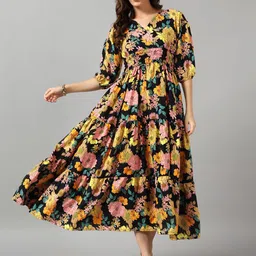 Krunal Raiyani Women Floral Printed Smocked Tiered Pleated Detail Fit & Flare Maxi Dress-picture-30