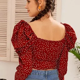 VANGULL Women Polka Dot Print Sweetheart Neck Puff Sleeve Crop Top image 5