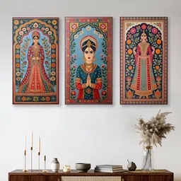 nestroots Elegant Indian Red & Blue 3 Pieces Canvas Painting Wall Art-image-0