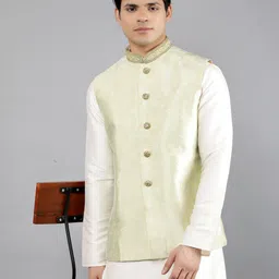 Manish Creations Woven Design Mandarin Collar Straight Kurta with Churidar & Nehru jacket image 5