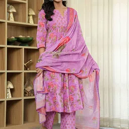 Yufta Women Floral Embroidered Pleated Beads and Stones Pure Cotton Kurta with Trousers & With Dupatta image 5