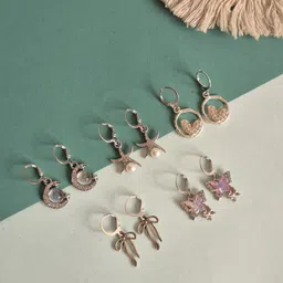 Octagon hub Set Of 5 Silver-Plated Bow Shaped Drop Earrings-image-3