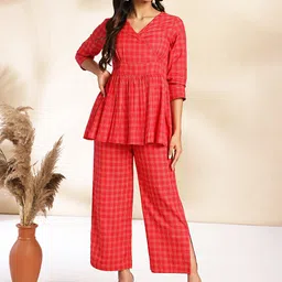 Janasya Checked V-Neck Pure Cotton Tunic With Trousers image 1