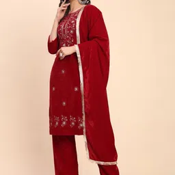 Moda Rapido Women Embroidered Regular Velvet Kurta with Trousers & With Dupatta-picture-32