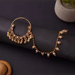 GC PREMIUM JEWELLERY Gold-Plated Cubic Zirconia Studded And Pearls Beaded Chain Nosepin image 3