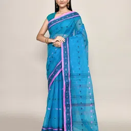 PUKU Ethnic Motifs Woven Design Zari Pure Cotton Taant Saree-image-87