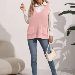 DressBerry Women Solid Sleeveless Longline Sweater Vest-image-14