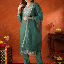 KALINI Ethnic Motifs Embroidered Chanderi Silk Straight Kurta With Trousers & Dupatta-picture-33