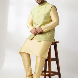 SOJANYA PLUS Plus Size Mandarin Collar Straight Kurta With Pyjamas & Nehru Jacket image 3