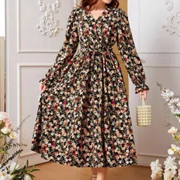 YK Floral Print Puff Sleeve Fit & Flare Midi Dress image 4