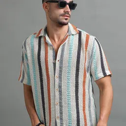 The Roadster Lifestyle Co Striped Pure Cotton Cuban Collar Crochet Shirt-image-76
