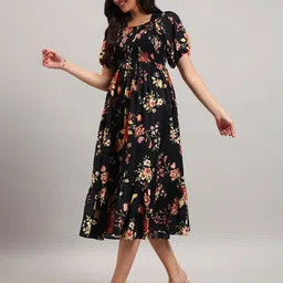 Raiyani Fashion Floral Print Puff Sleeve Crepe A-Line Midi Dress-image-64